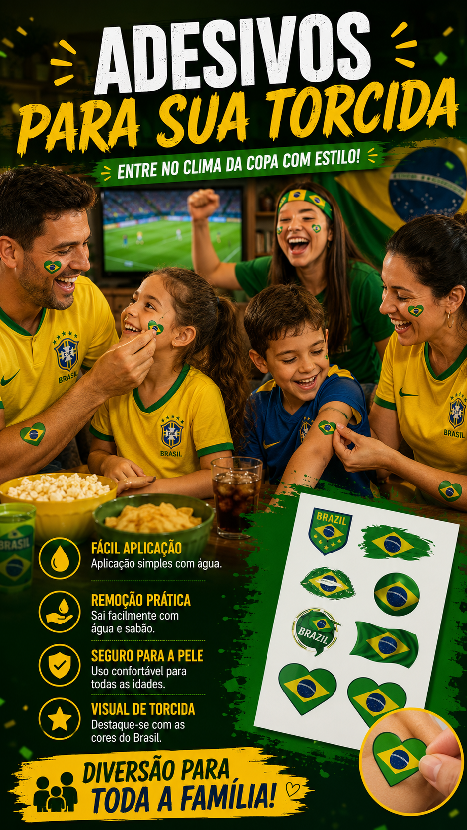 Cartela de adesivos temáticos do Brasil para torcedores.