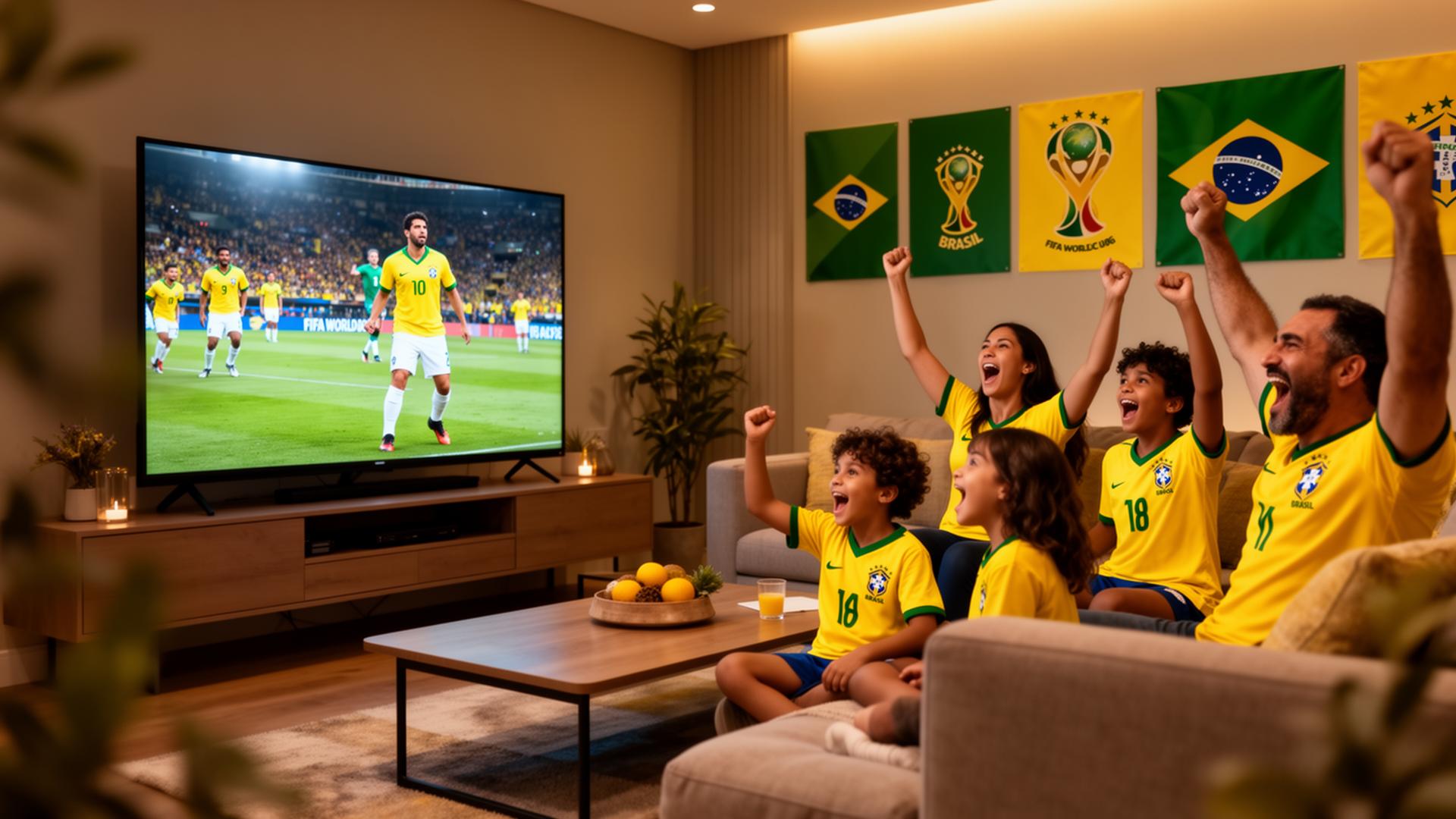 Família brasileira reunida no sofá assistindo à Copa Mundial 2026.
